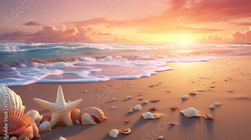 Beach with waves, seashells, and a shimmering sunset, creating a relaxing and coastal atmosphere © KerXing