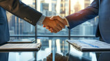 Two business leaders seal a deal with a handshake over a sleek table, featuring signed contracts and tablets with financial projections, against a corporate skyline.