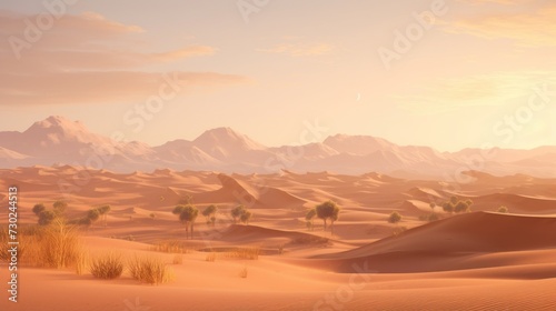 Desert landscape with sand dunes and a shimmering oasis, creating a sense of mystery and exploration