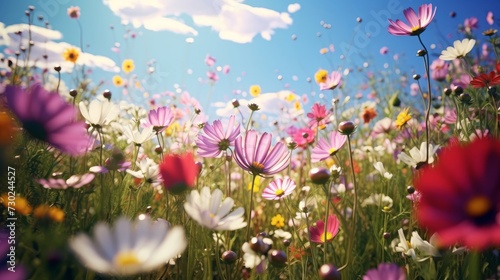 Field of flowers blooming and swaying in the wind, creating a vibrant and natural visual display