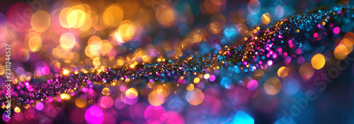 Wide-angle view of vibrant bokeh lights with a glittery effect