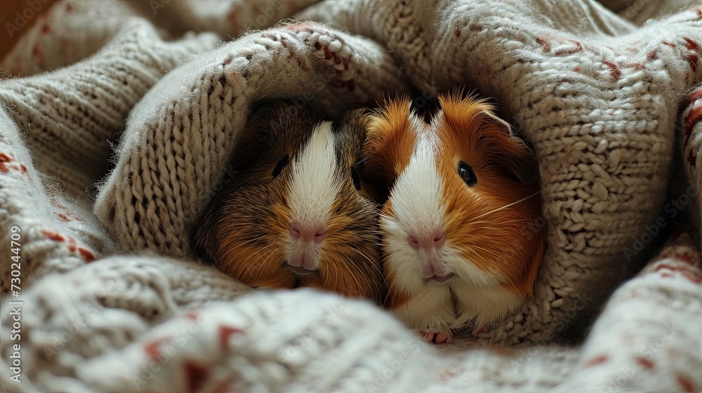 Guinea pig couple snuggling in a cozy blanket nest generative ai Guinea pig couple snuggling in a cozy blanket nest generative ai
