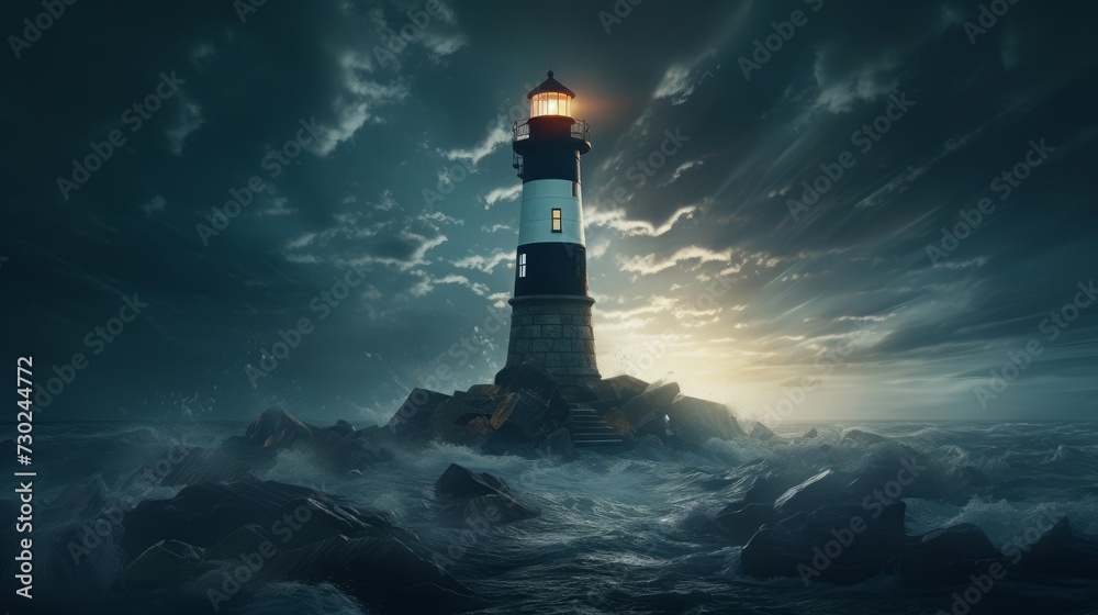 Lighthouse beaming light into the darkness, symbolizing guidance, hope, and perseverance