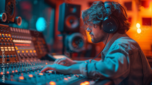 A man wearing headphones in a recording studio adjusting music for recording songs working with sound