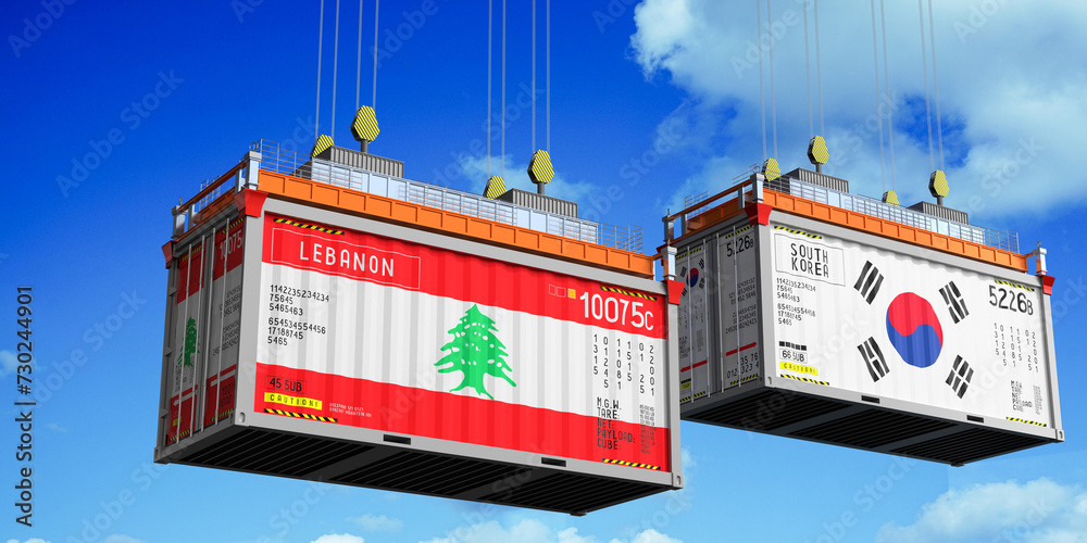 Shipping containers with flags of Lebanon and South Korea - 3D illustration Shipping containers with flags of Lebanon and South Korea - 3D illustration