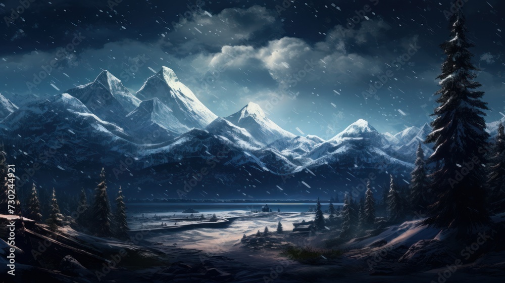 Snowy mountain landscape with falling snowflakes and wildlife, creating a serene and wintry ambiance