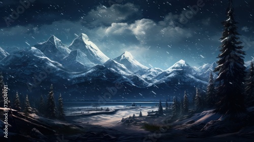 Snowy mountain landscape with falling snowflakes and wildlife, creating a serene and wintry ambiance © KerXing