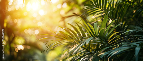 Sunbeams filter through vibrant green palm leaves © Lidok_L
