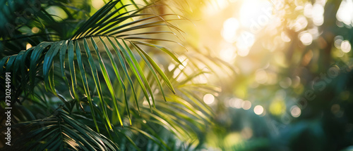 Golden sunlight filters through tropical palm fronds, creating a warm © Lidok_L