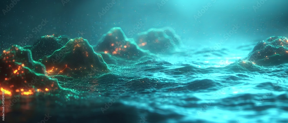 A futuristic neon-lit ocean under a rain-drenched cyber sky