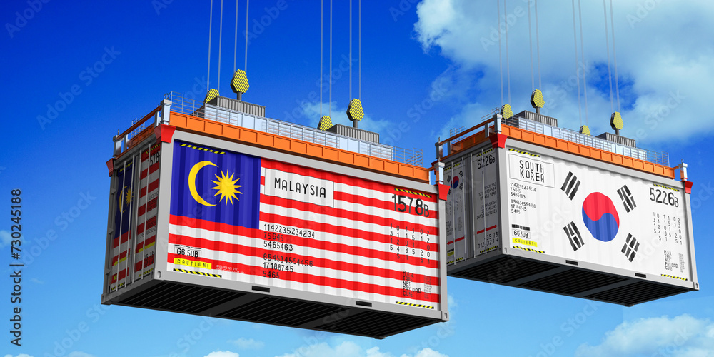 Shipping containers with flags of Malaysia and South Korea - 3D illustration