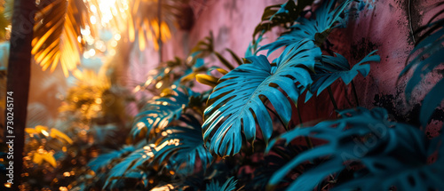Blue tinted tropical palm leaves stand out on a warm pink background © Lidok_L
