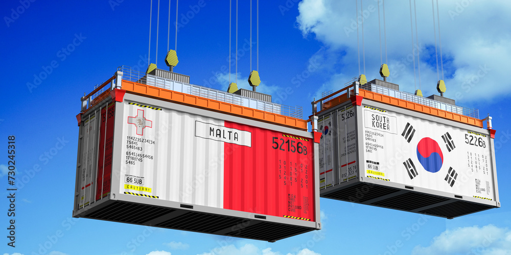 Shipping containers with flags of Malta and South Korea - 3D illustration