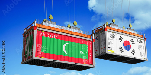 Shipping containers with flags of Maldives and South Korea - 3D illustration