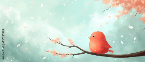 International Bird Day background. Illustration of a whimsical red bird on a blooming branch.