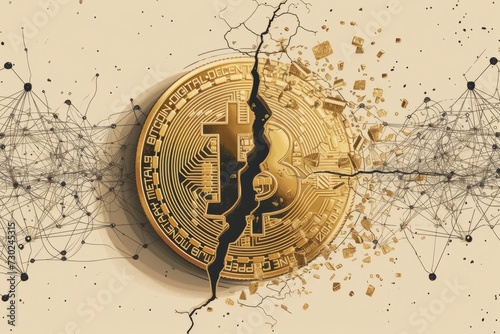 An illustration featuring Bitcoin representation, useful for discussing the crypto currency, networking,  blockchain, mining, and bitcoin halving event. Generative AI.  photo