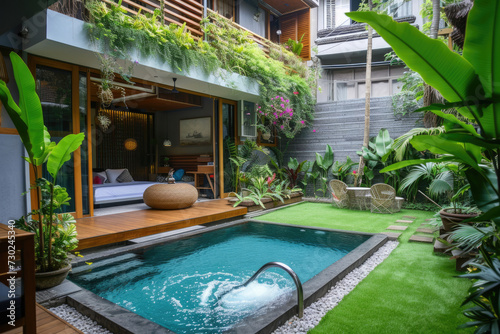 modern minimalist mini house with grass lawn, flowers garden and many tropical plants, mini pool © Kien