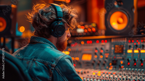 A man wearing headphones in a recording studio adjusting music for recording songs working with sound