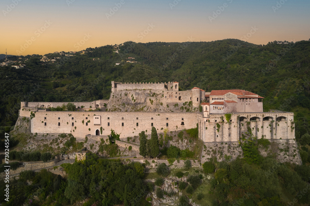 Historic castle of Italy aerial view. Aerial panorama of Castello Malaspina di Massa in Italy.