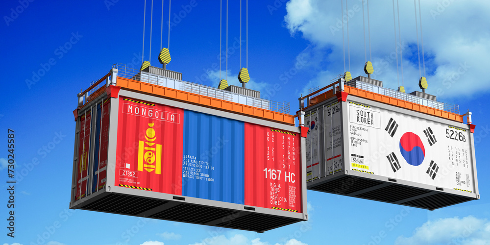 Shipping containers with flags of Mongolia and South Korea - 3D illustration Shipping containers with flags of Mongolia and South Korea - 3D illustration
