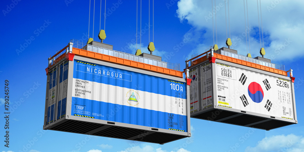 Shipping containers with flags of Nicaragua and South Korea - 3D illustration