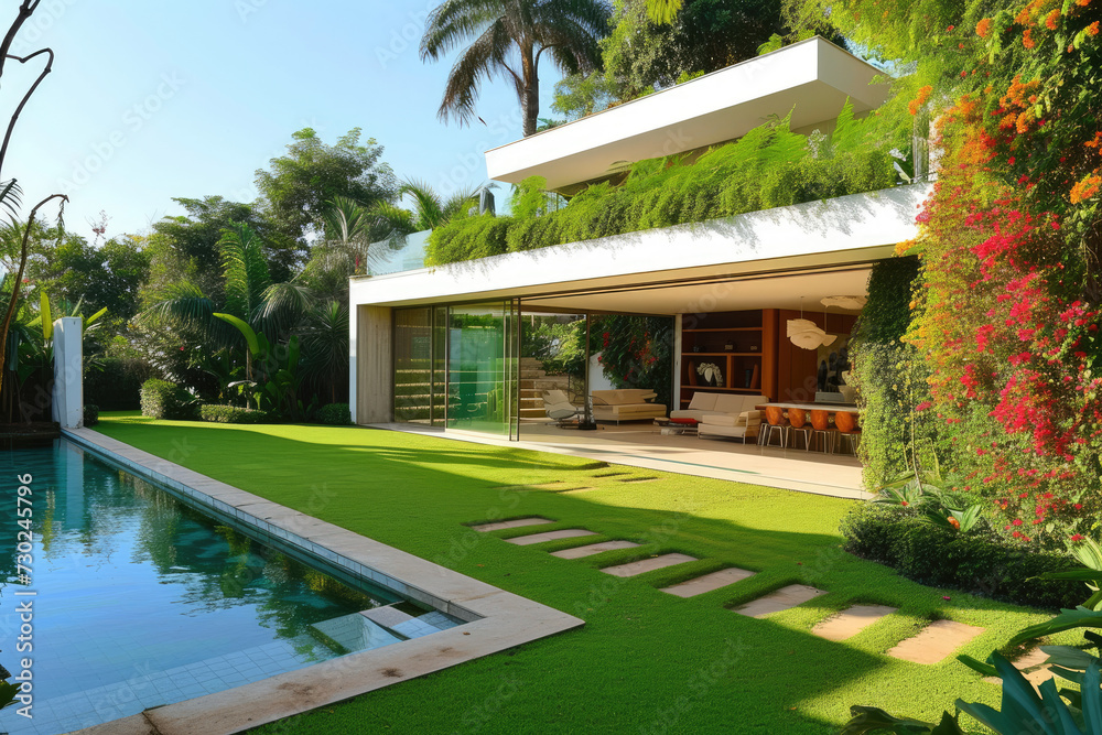 modern minimalist mini house with grass lawn, flowers garden and many tropical plants, mini pool