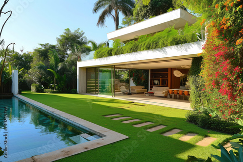 modern minimalist mini house with grass lawn, flowers garden and many tropical plants, mini pool © Kien