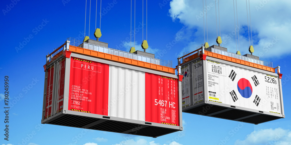 Shipping containers with flags of Peru and South Korea - 3D illustration