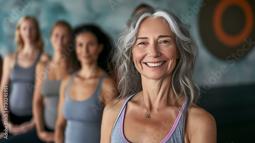 Elderly woman sonriendo en in yoga studio with friends. Yoga. Old woman.