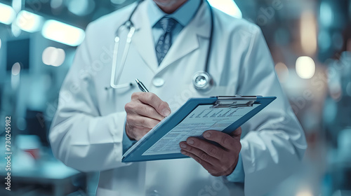 Health care and medicine, Medical analysis, Doctor writes information on clipboard for recording.