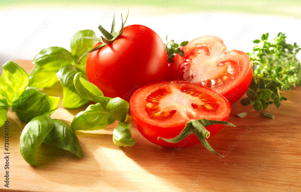 Tomaten mit Basilikum, sonnige Tomaten, Basilikum, close up, Gemüse,
