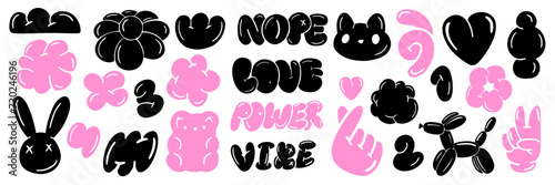 Bubble y2k sticker set, vector groovy playful shape kit, funky cute tattoo print, heart, bunny. Minimal funny balloon comic object, cartoon flowers, clouds, words, dog. Bubble sticker collection