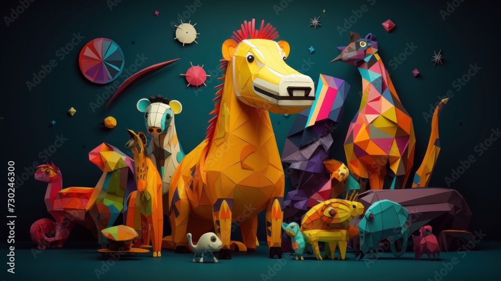 Fototapeta premium Colorful shapes forming and transforming into different animals, offering a visually captivating and whimsical experience