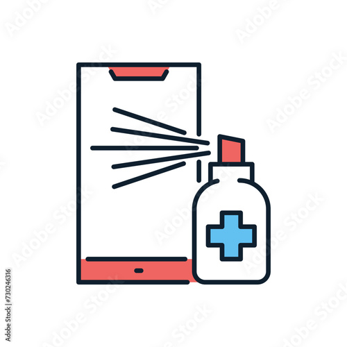 Smartphone disinfection related vector icon. Alcohol Disinfector sprays aerosol onto smartphone screen. Disinfection sign. Isolated on white background. Editable vector illustration