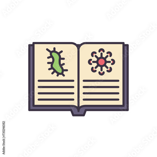 Knowledge of virology related vector icon. Open book with virus information. Knowledge sign. Isolated on white background. Editable vector illustration