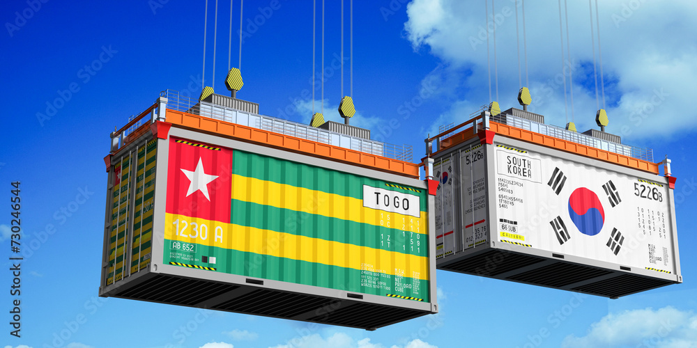 Shipping containers with flags of Togo and South Korea - 3D illustration Shipping containers with flags of Togo and South Korea - 3D illustration