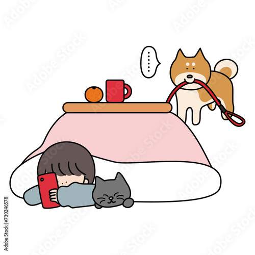 こたつでゴロゴロする女の子と猫と散歩に行きたい柴犬