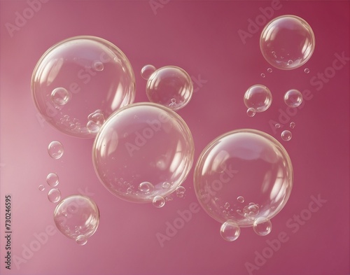 Abstract beautiful transparent soap bubbles floating on pink background, romantic Valentine's backgrounds.