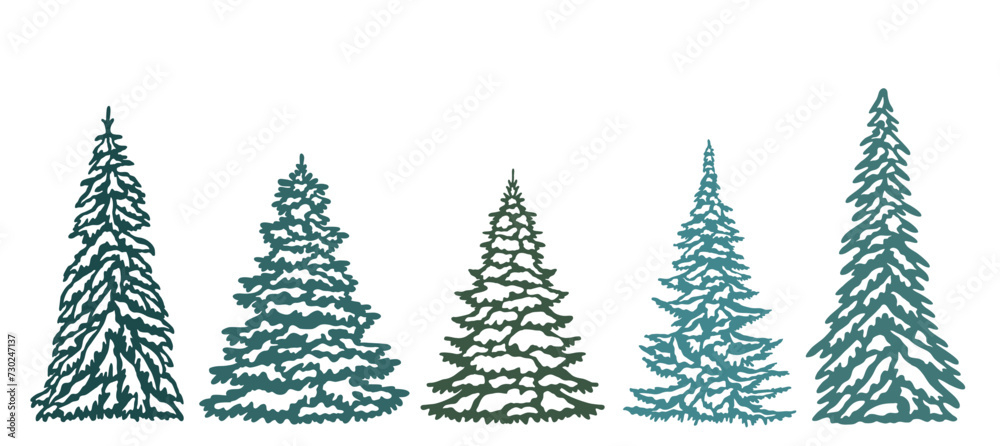 Obraz premium Set of snowy Christmas trees, Christmas tree, cut file, Tree, forest, nature, fir tree, Tree shape