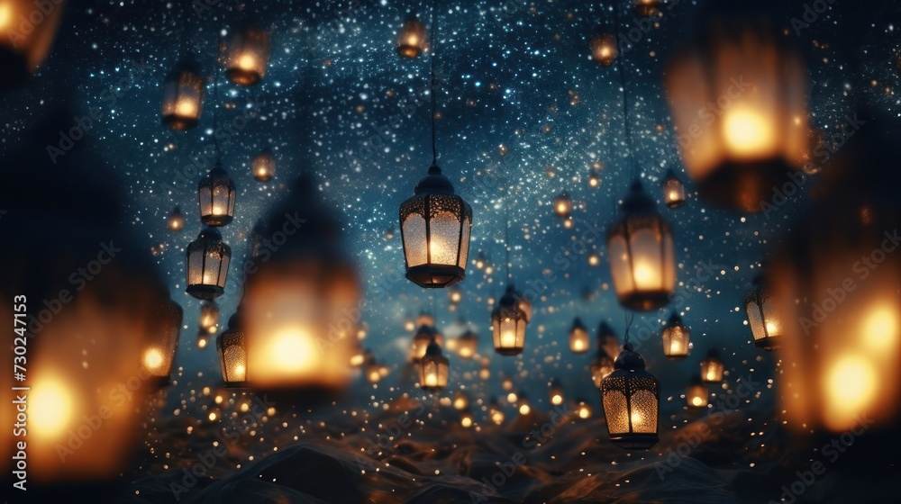 photo of Ramadan Lanterns in the night sky, as a banner or wallpaper photo of Ramadan Lanterns in the night sky, as a banner or wallpaper