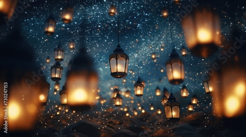 photo of Ramadan Lanterns in the night sky, as a banner or wallpaper