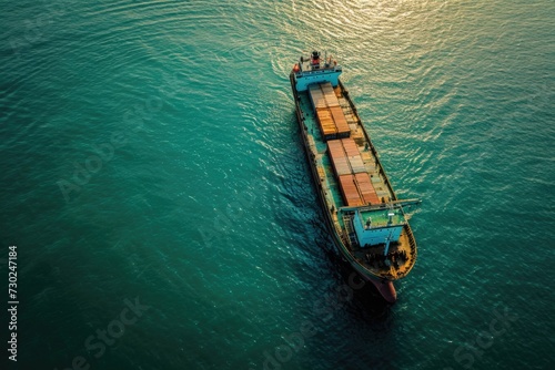 Cargo ship seen from above in the ocean.