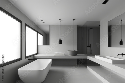 Featuring minimalist bathroom architecture with clean lines, sleek surfaces, and a monochrome color palette, illuminated by natural light for a serene ambiance.