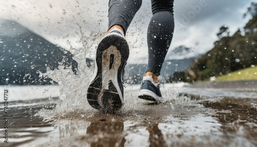 Young woman running in rainy weather, water and mud splashes as her feet hits the ground, low angle closeup detail from behind photo
