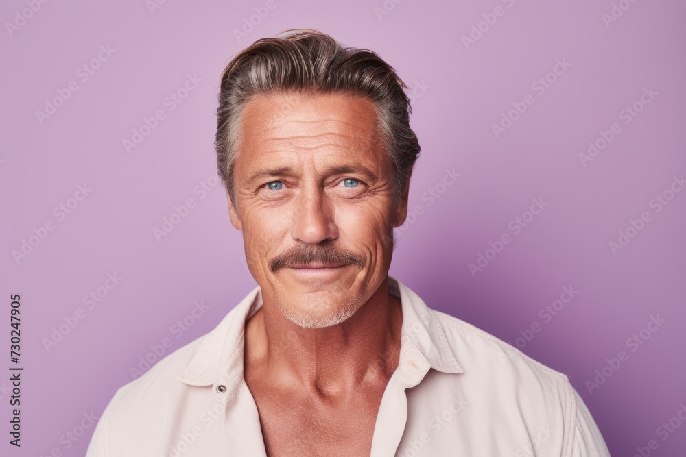 Portrait of mature man with mustache looking at camera and smiling while standing against purple background
