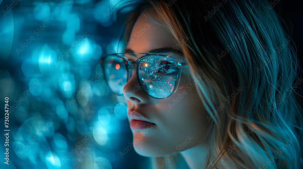 female Engineer designs AI technology with reflection on eyeglass lenses