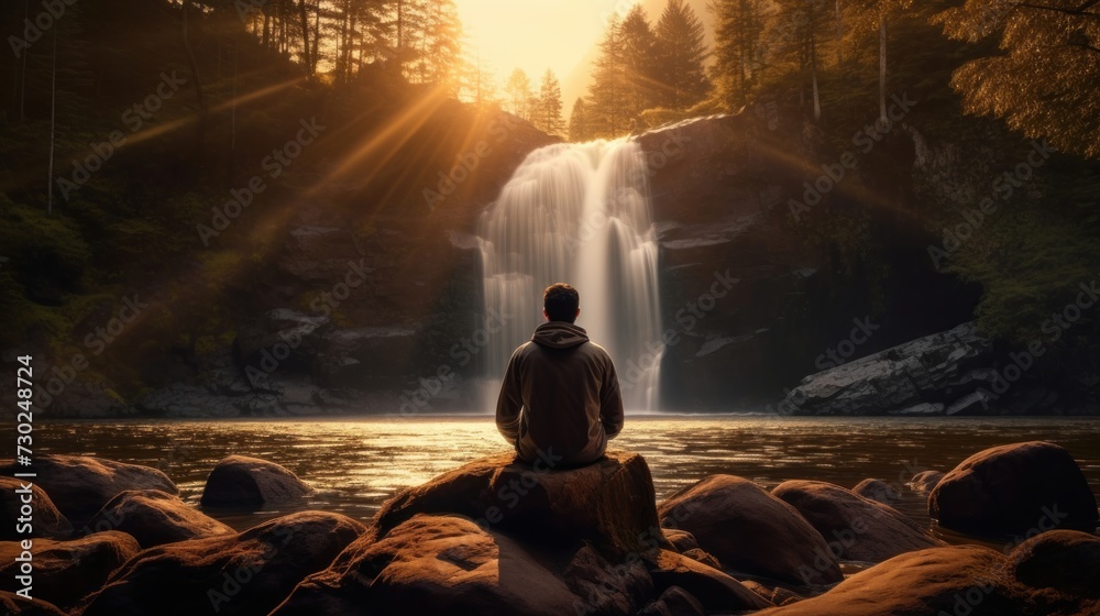 Person sitting on a rock, gazing at a majestic waterfall, contemplating life's power and evaluating personal resilience