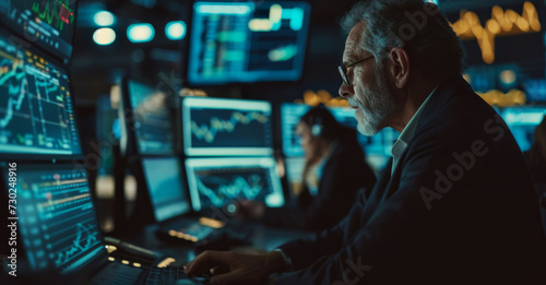 A male broker watches stock growth figures on monitors