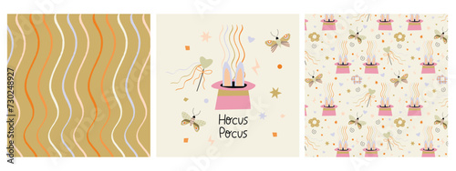 Set of patterns and print with a magic hat, butterflies and a magic wand. Great for fabric, textile.Vector Illustration
