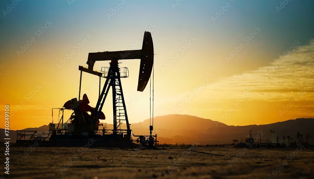 Silhouette of Crude oil pumpjack rig on desert silhouette in evening sunset, energy industrity